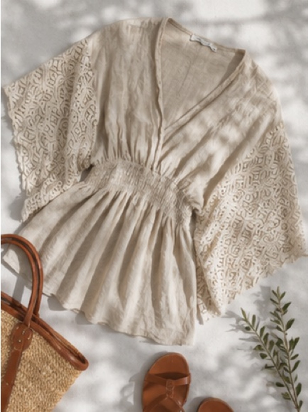 Made in Italy Linen Lace Batwing Blouse Tunic Top Boho Lagenlook Coastal Beige M